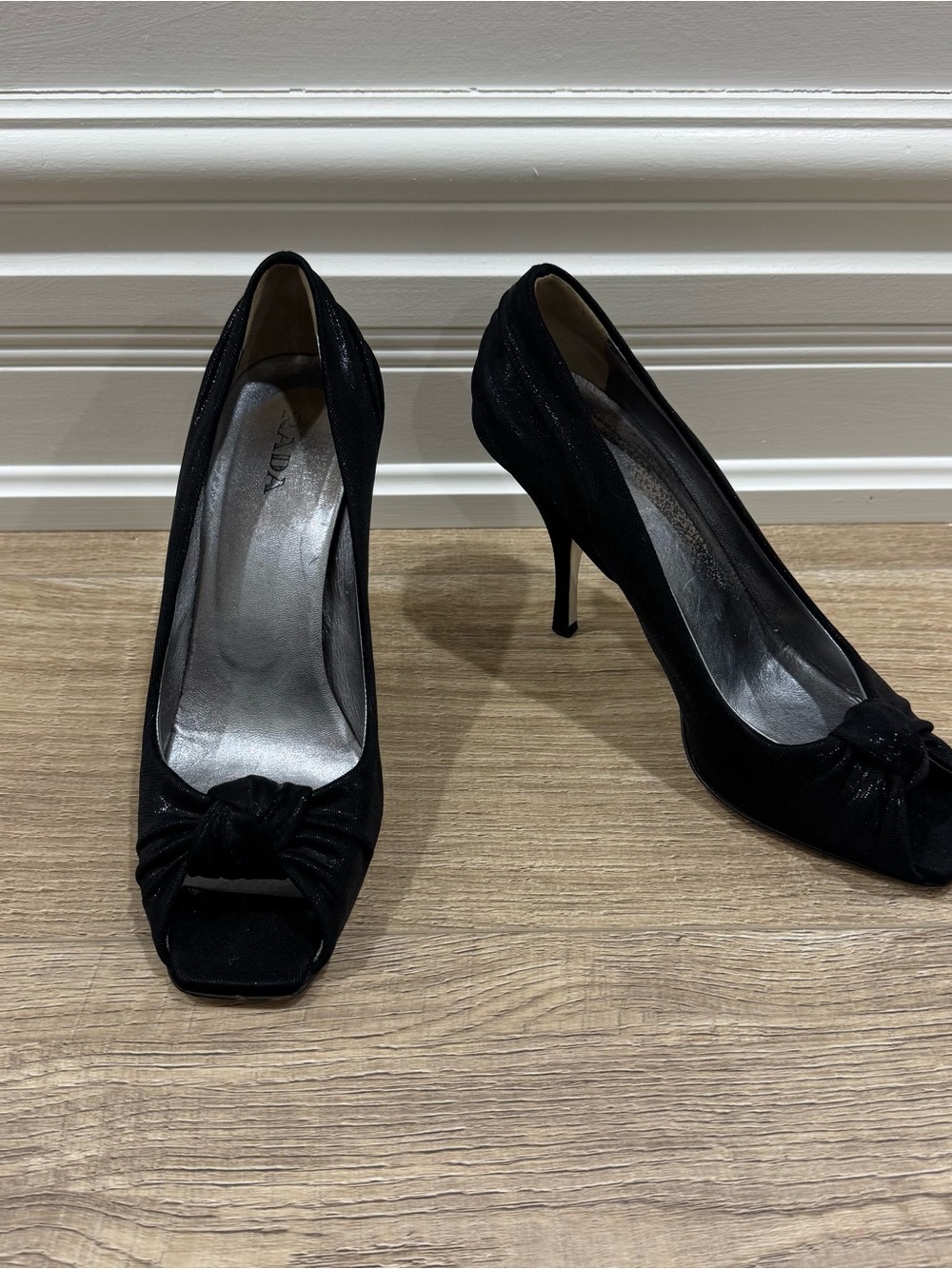 PRADA black lamé square open toe with knot high heel size 38.5 ruching on back